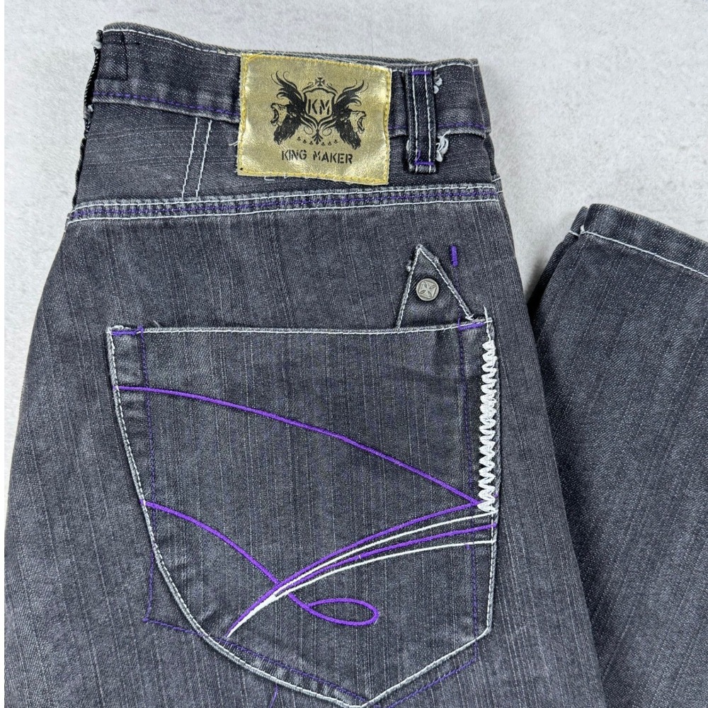 King Maker Mens Straight Leg Jeans Black Faded Purple Contrast Stitch Size 34x28